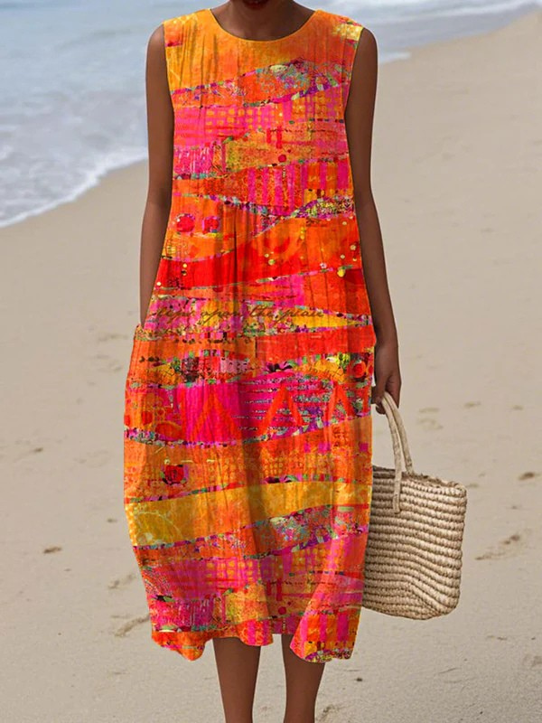 Brunch Ready – Warm Sunset Relaxed Midi Dress