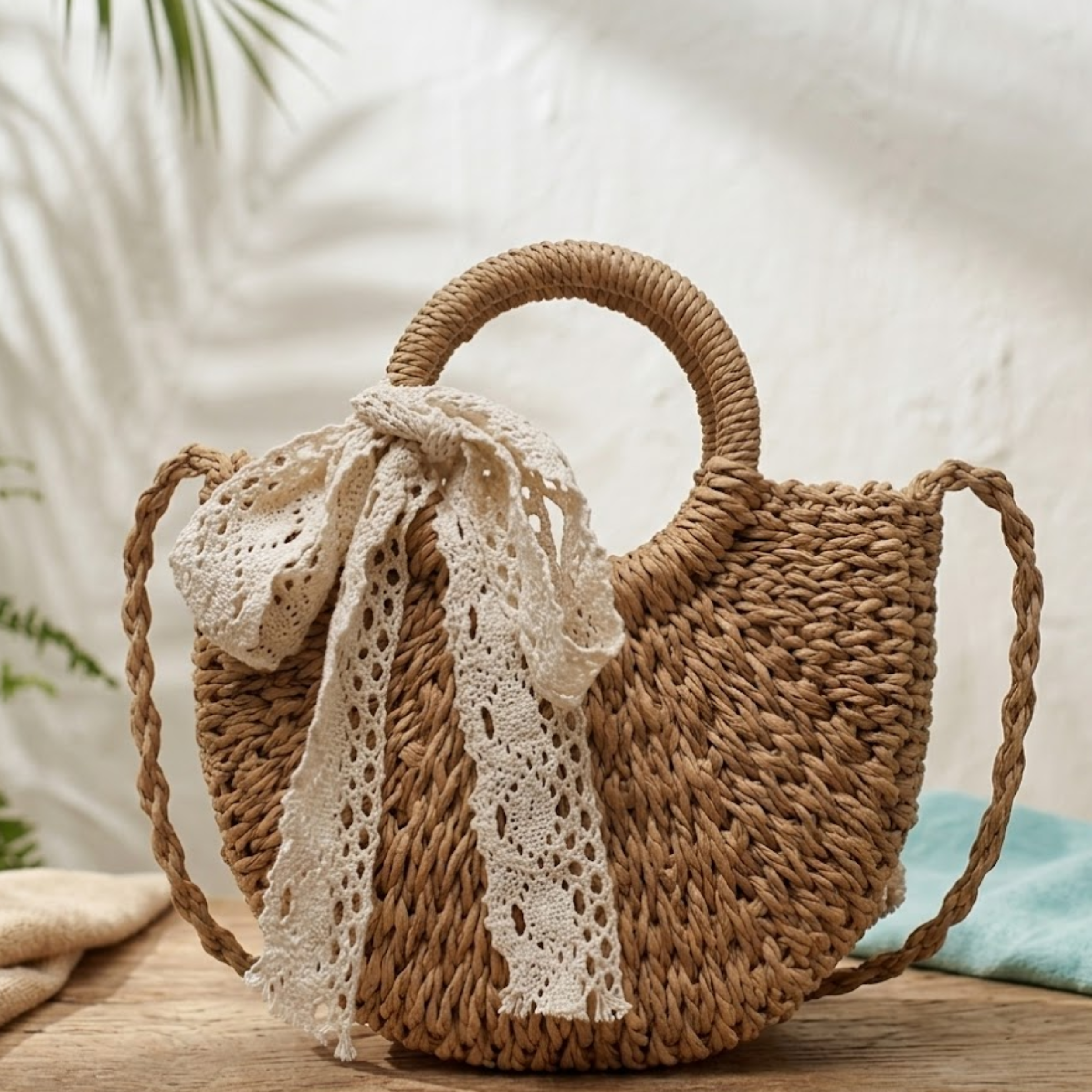 Half-Round Rattan Woven Crossbody Handbag - Eco-Friendly Fashion Accessory