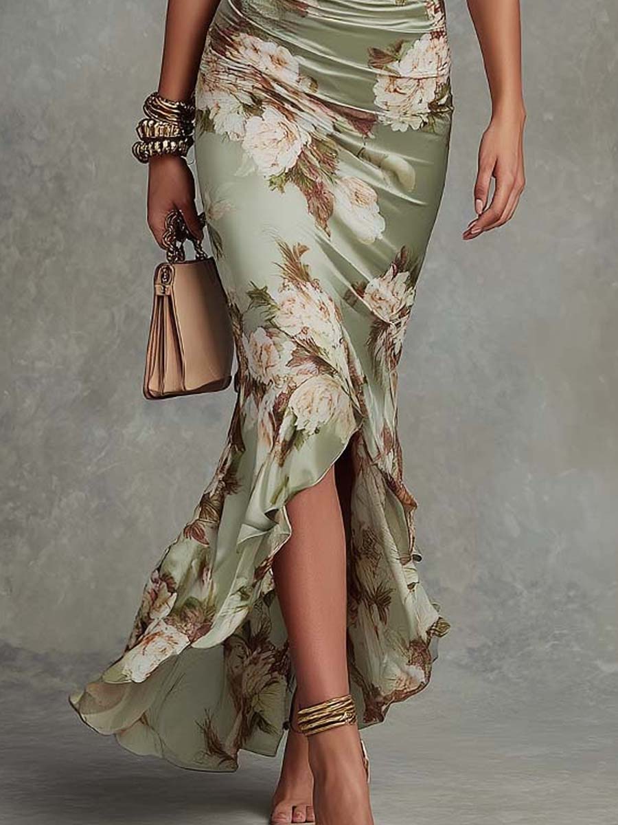 Loretta | Asymmetrical Long Dress in Green Satin with V-Neck, Flared Puff Sleeves, and Floral Pattern