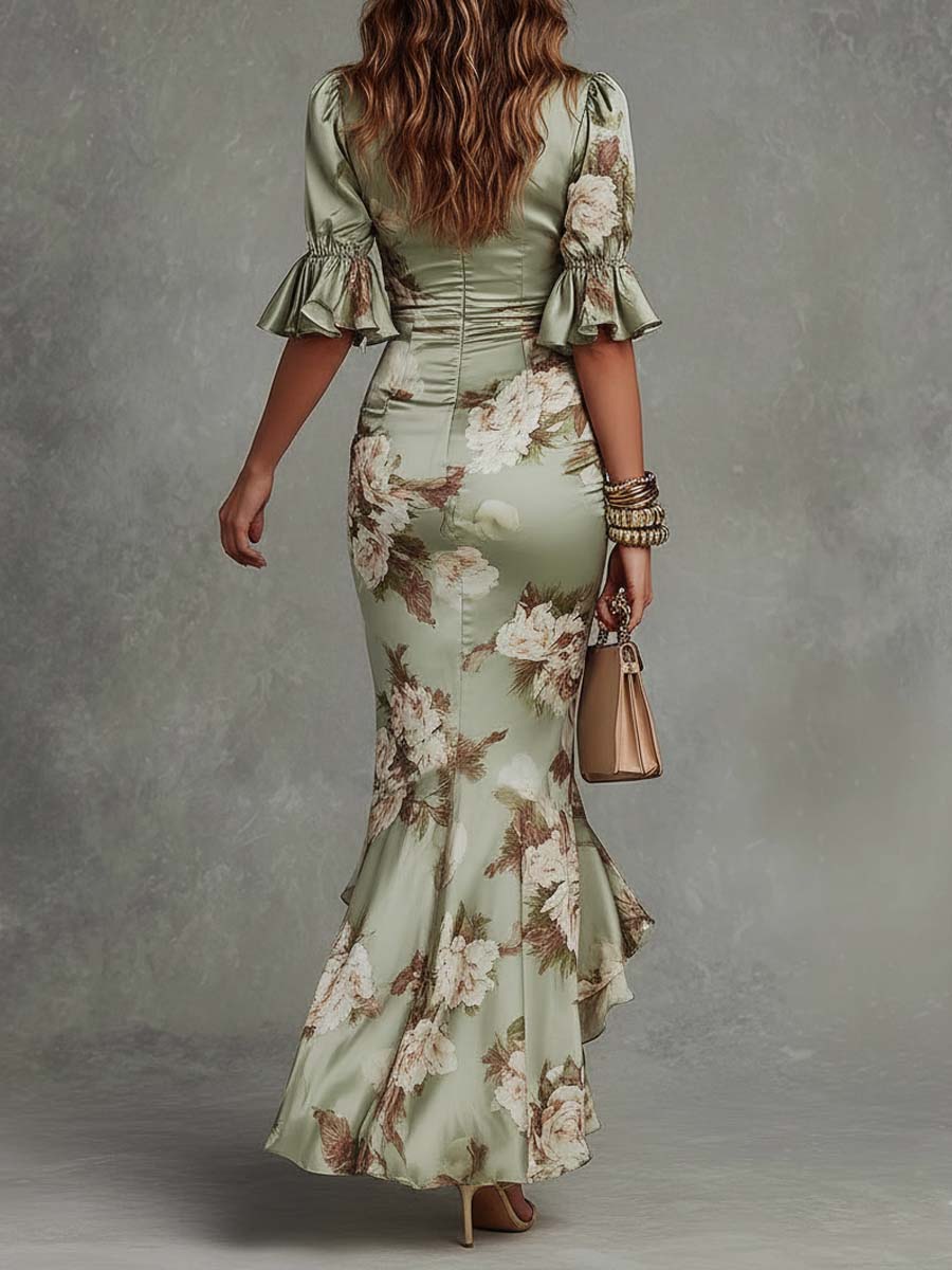 Loretta | Asymmetrical Long Dress in Green Satin with V-Neck, Flared Puff Sleeves, and Floral Pattern
