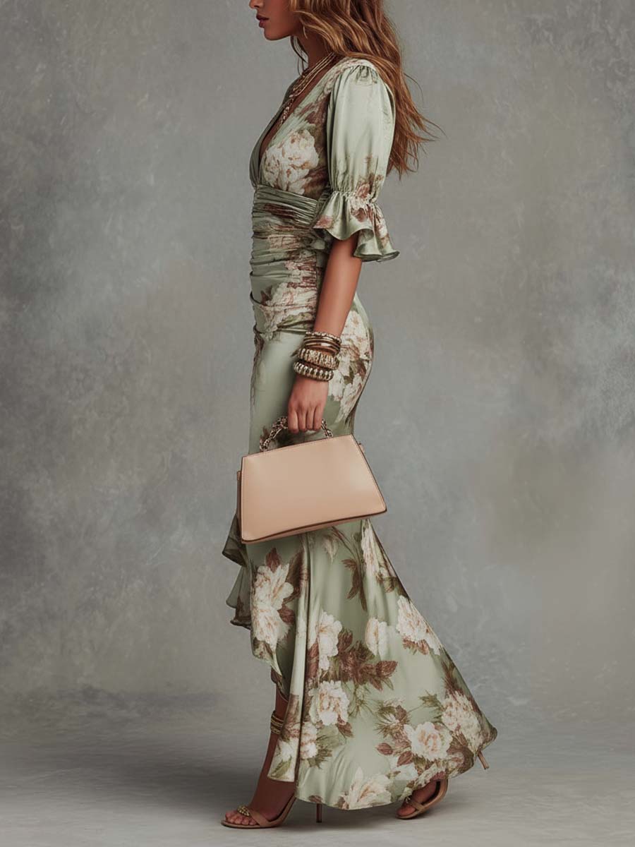 Loretta | Asymmetrical Long Dress in Green Satin with V-Neck, Flared Puff Sleeves, and Floral Pattern