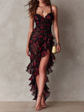 Chic Black And Red Floral Ruched Ruffle Hem Dress