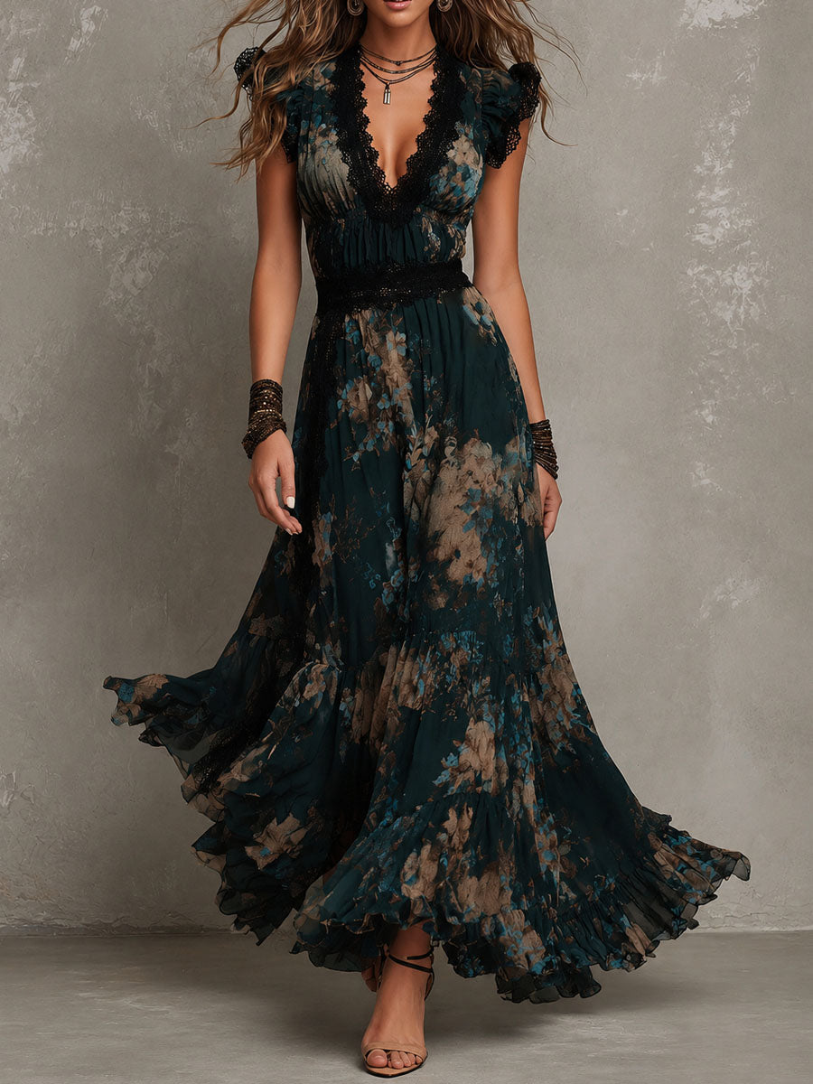 Garden Party Ready – Dark Floral Tiered Maxi Dress
