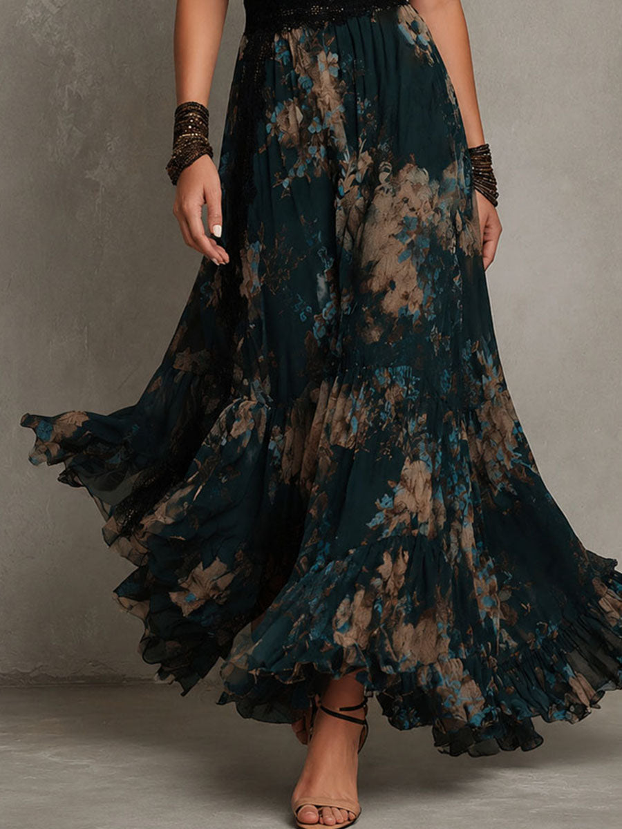 Garden Party Ready – Dark Floral Tiered Maxi Dress