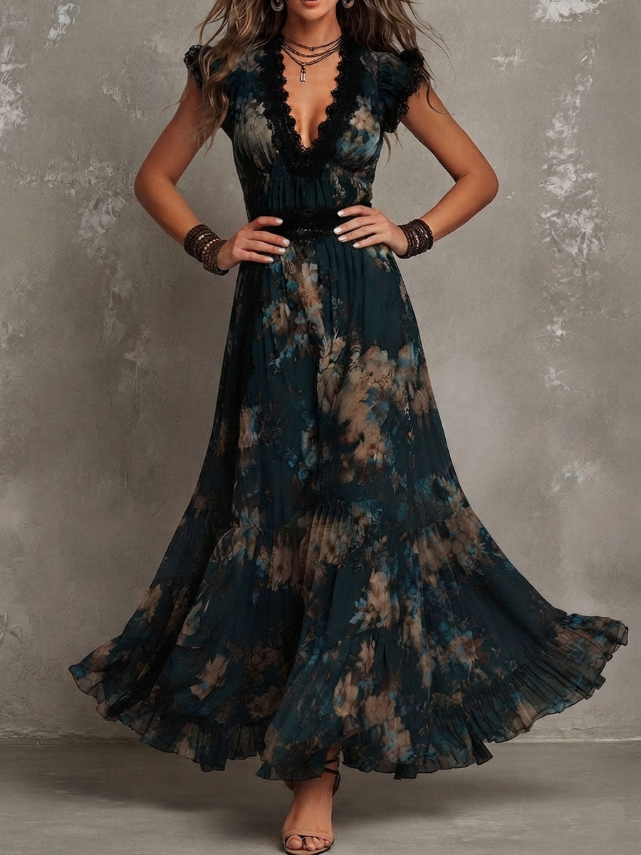 Garden Party Ready – Dark Floral Tiered Maxi Dress