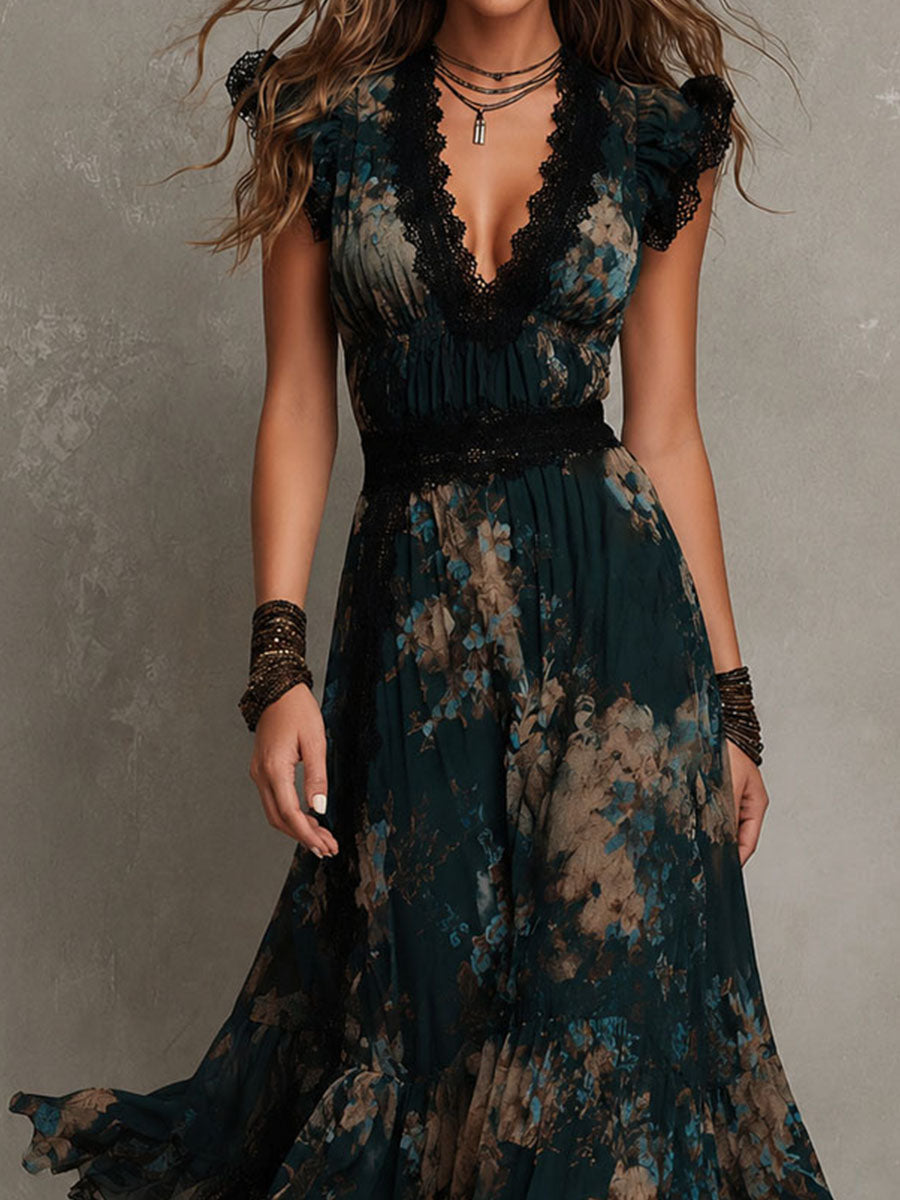 Garden Party Ready – Dark Floral Tiered Maxi Dress