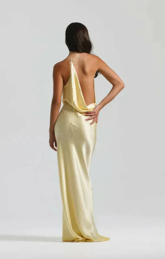 Cowl Neck Open Back Satin Maxi Dress for Evening Events and Formal Occasions