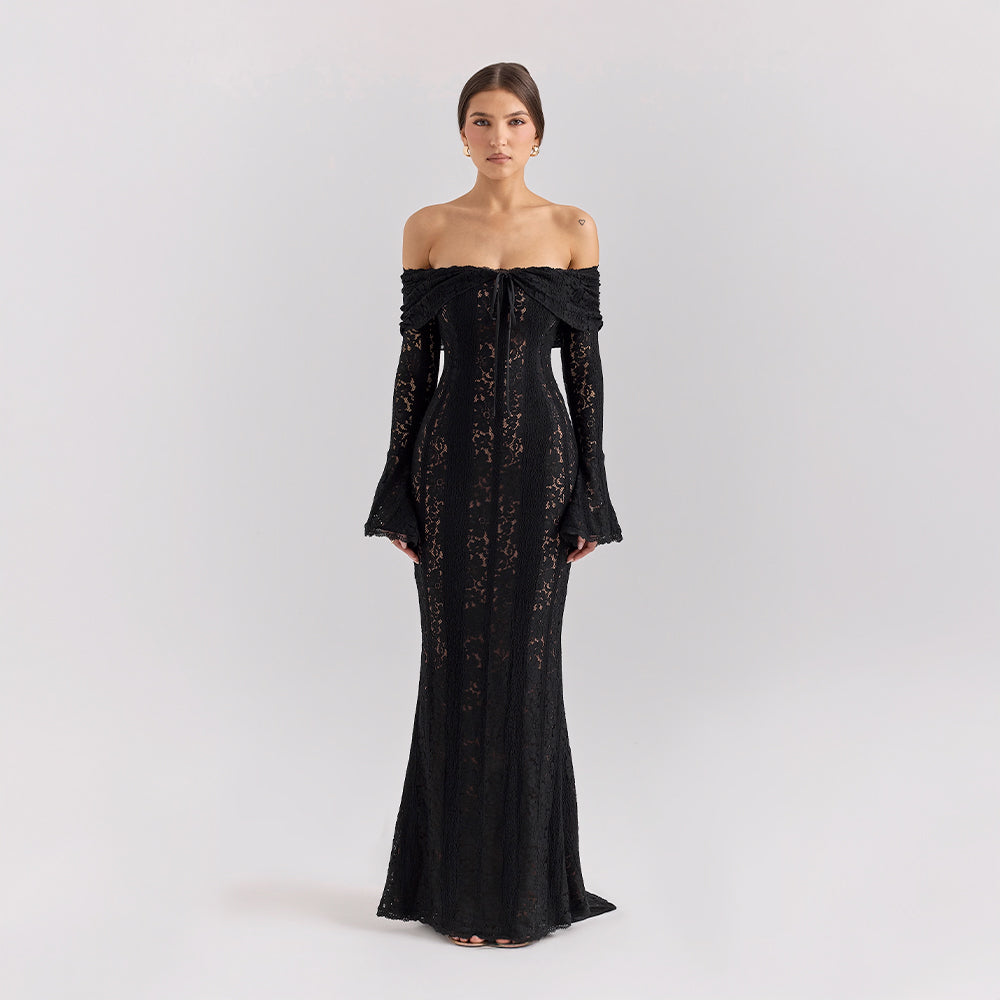 Off-Shoulder Lace Maxi Dress with Bell Sleeves for Formal Events