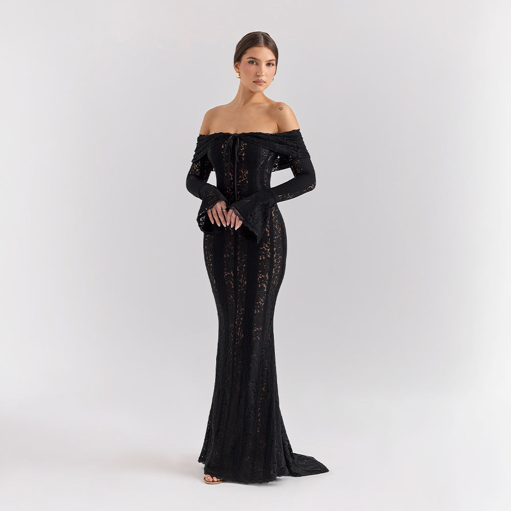 Off-Shoulder Lace Maxi Dress with Bell Sleeves for Formal Events