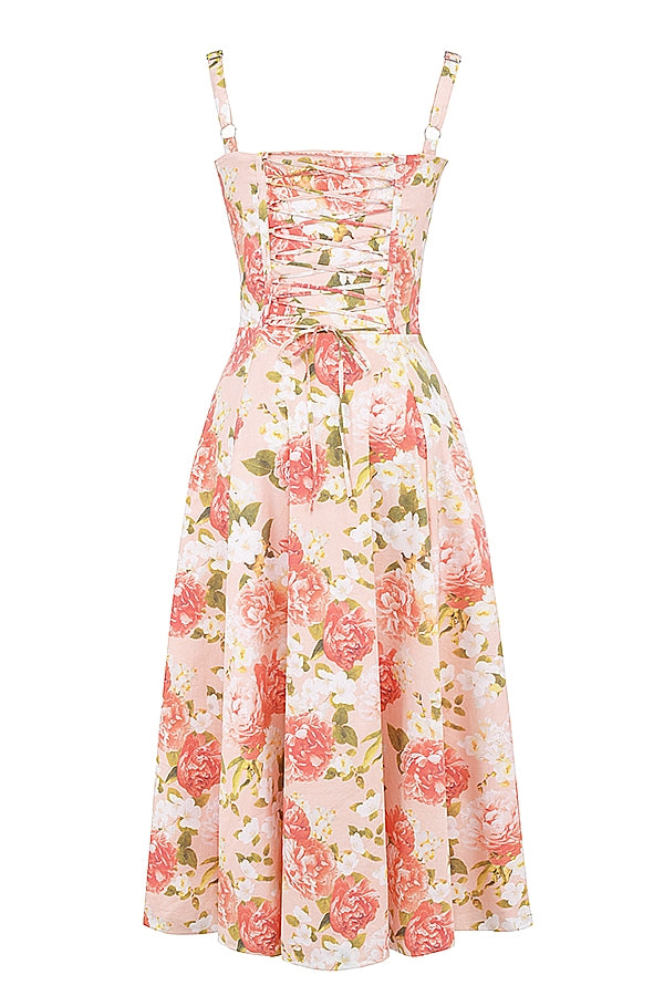 Pink Peony Floral Lace-Up Back Midi Dress with Side Split for Casual Wear