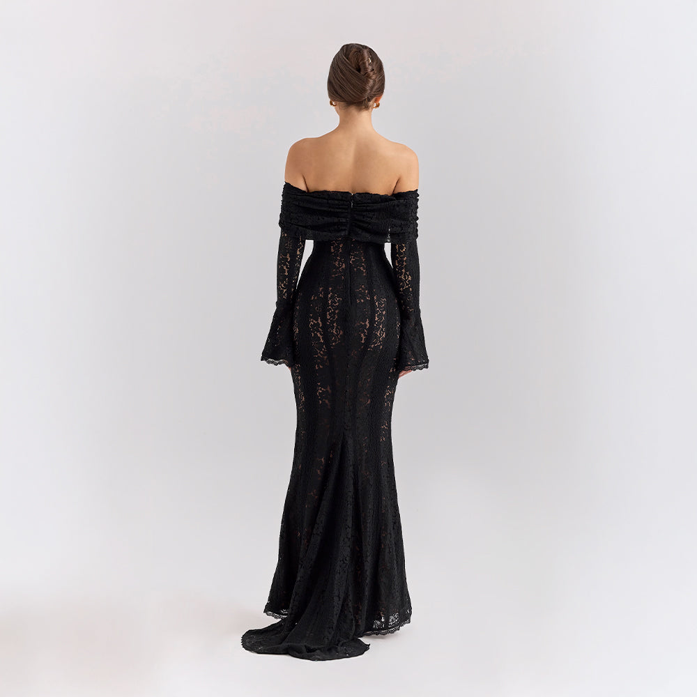 Off-Shoulder Lace Maxi Dress with Bell Sleeves for Formal Events