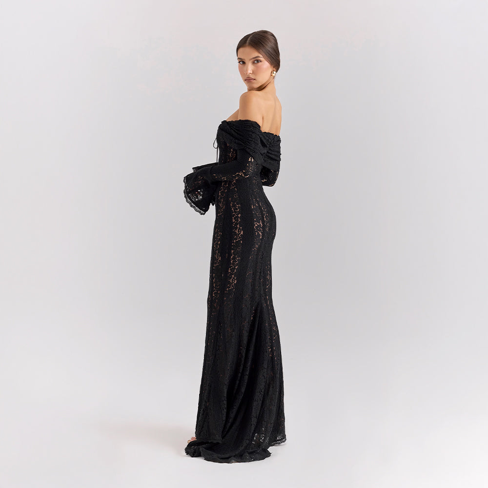 Off-Shoulder Lace Maxi Dress with Bell Sleeves for Formal Events