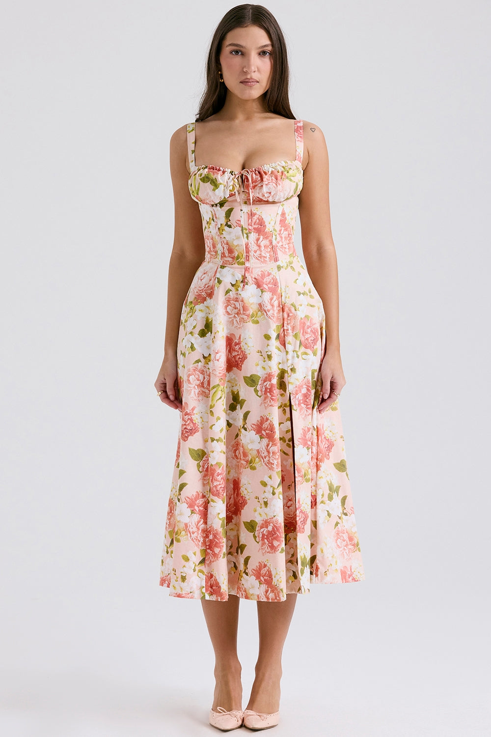 Pink Peony Floral Lace-Up Back Midi Dress with Side Split for Casual Wear