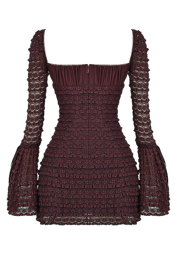 Rich Brown Floral Lace Mini Dress with Drawstring Bust for Casual Wear