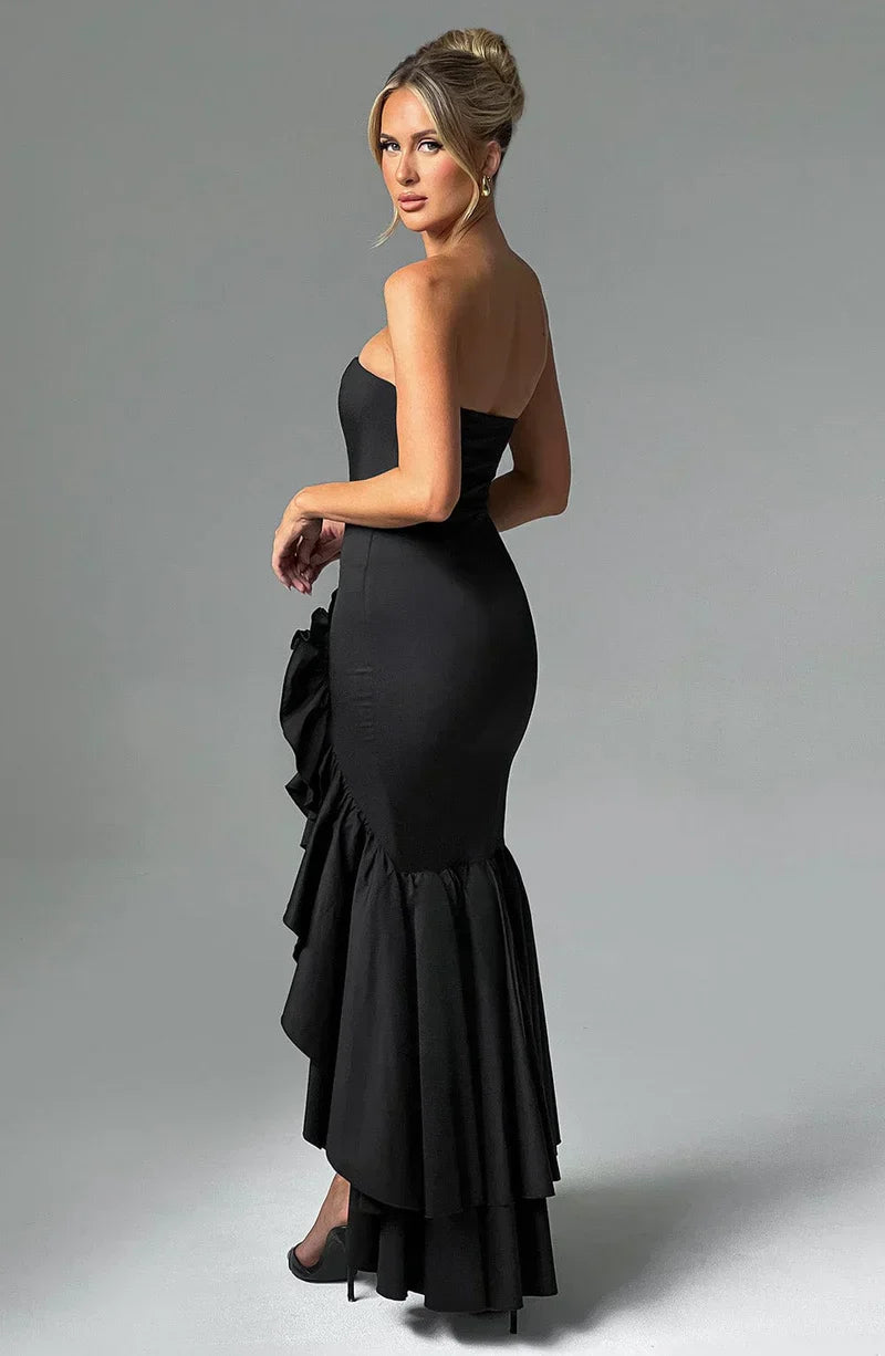 Strapless High-Low Ruffle Maxi Dress for Women - Elegant Evening Wear