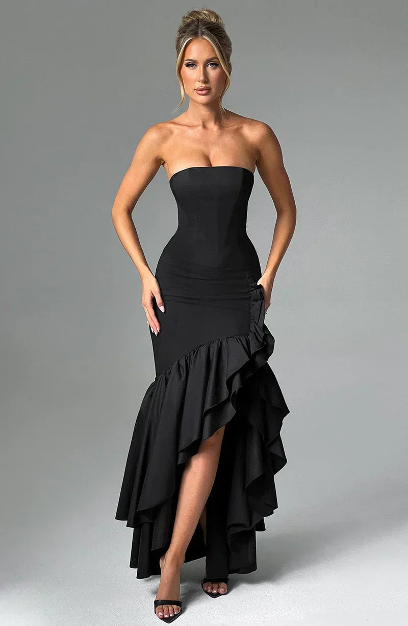 Strapless High-Low Ruffle Maxi Dress for Women - Elegant Evening Wear