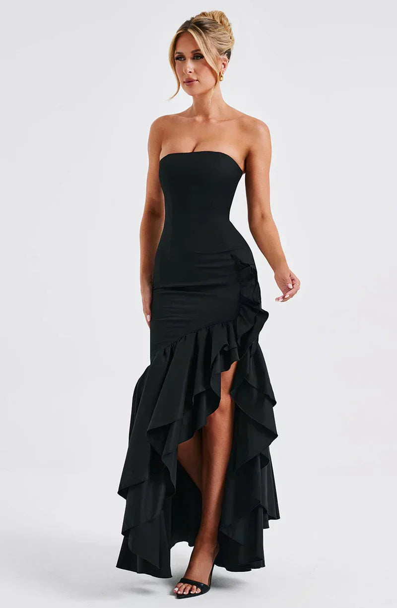 Strapless High-Low Ruffle Maxi Dress for Women - Elegant Evening Wear