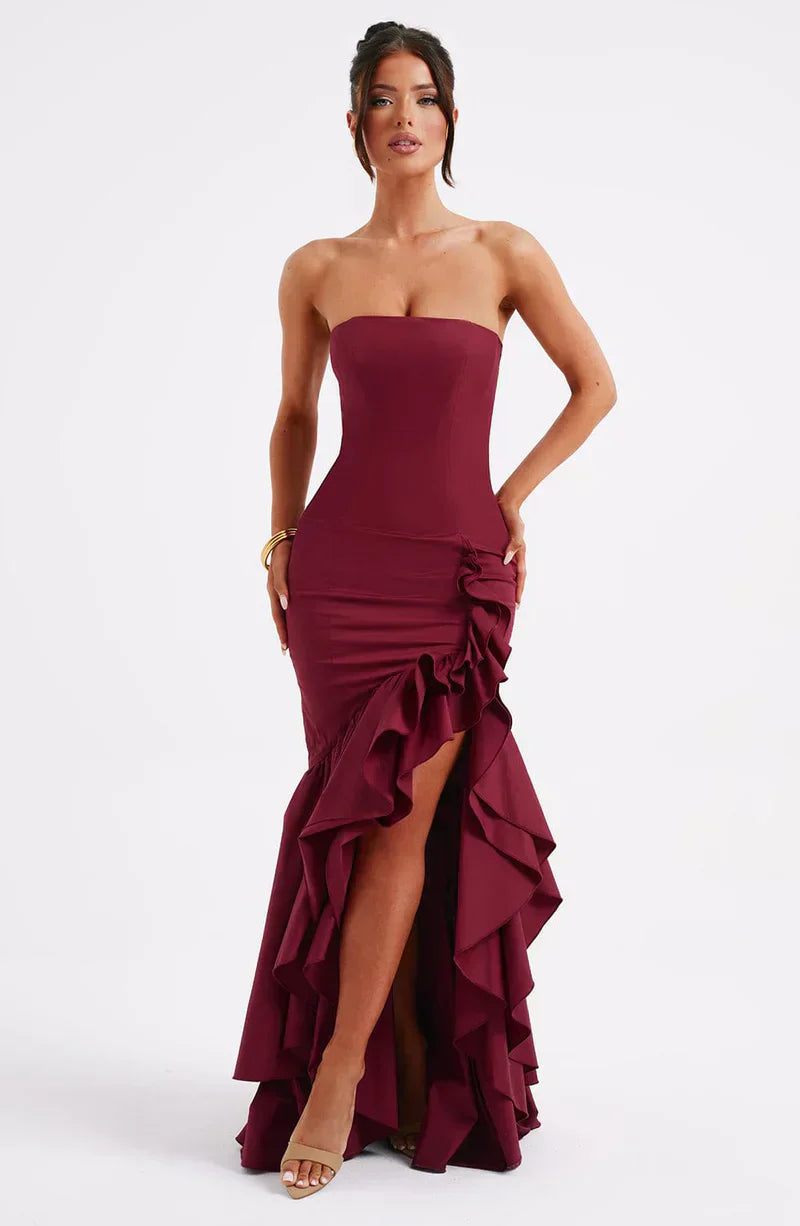 Strapless High-Low Ruffle Maxi Dress for Women - Elegant Evening Wear