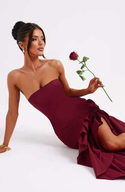 Strapless High-Low Ruffle Maxi Dress for Women - Elegant Evening Wear