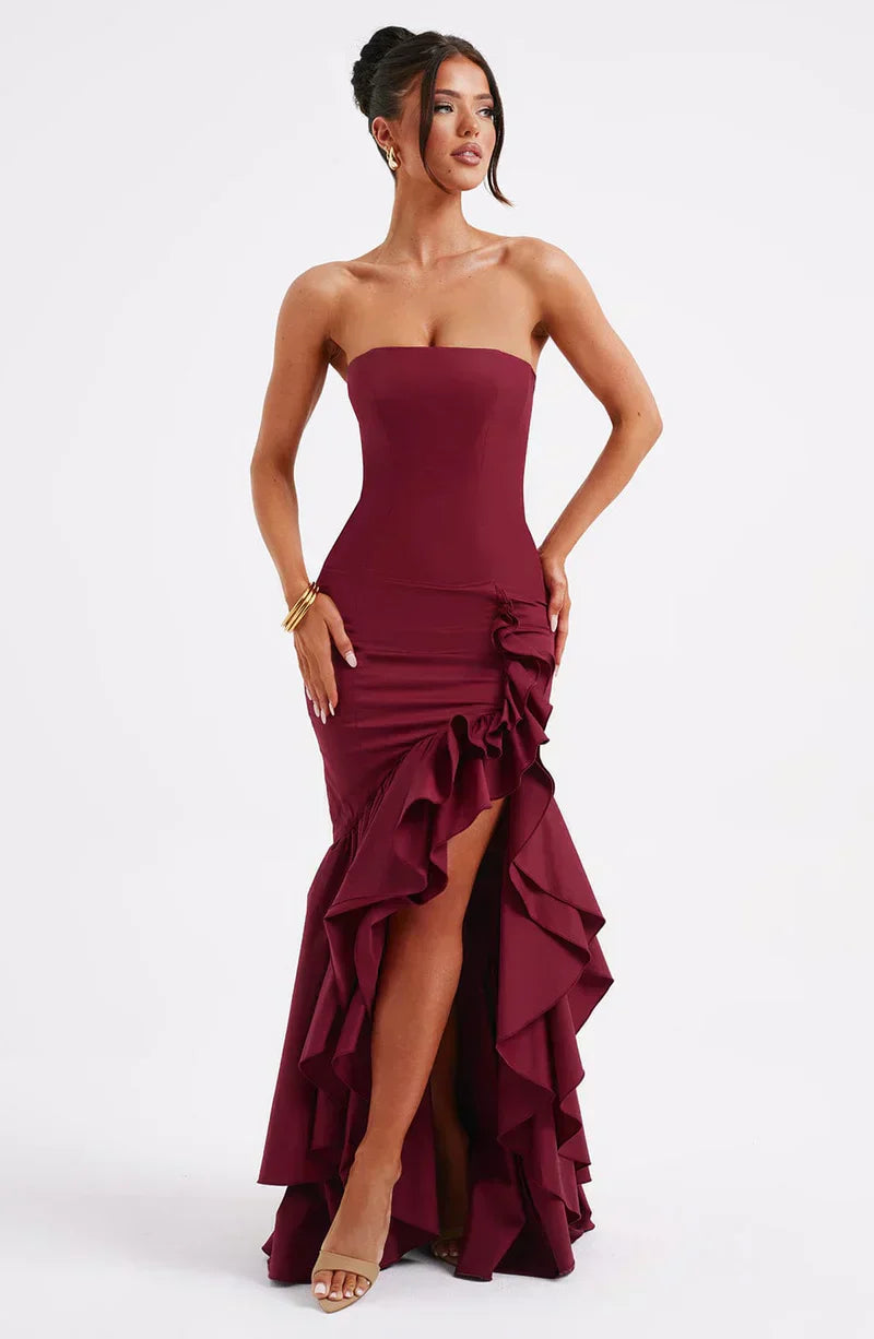Strapless High-Low Ruffle Maxi Dress for Women - Elegant Evening Wear