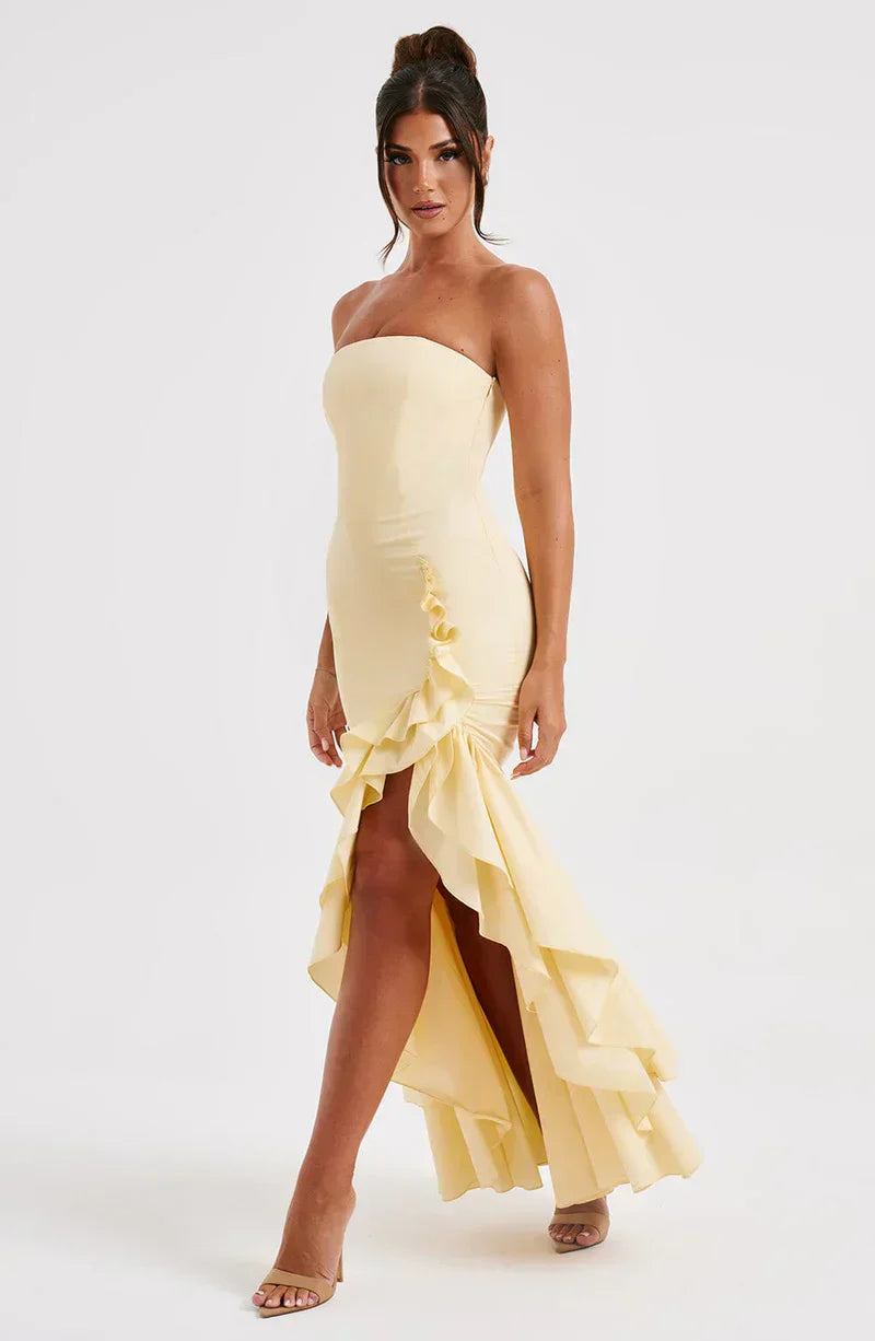 Strapless High-Low Ruffle Maxi Dress for Women - Elegant Evening Wear