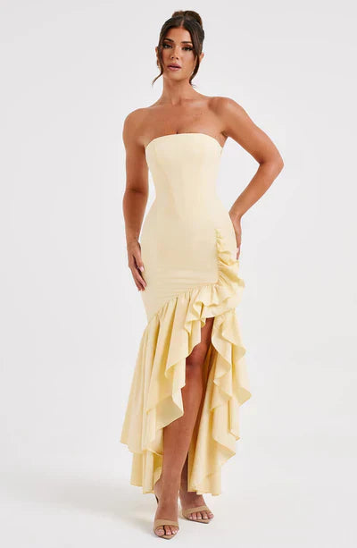 Strapless High-Low Ruffle Maxi Dress for Women - Elegant Evening Wear