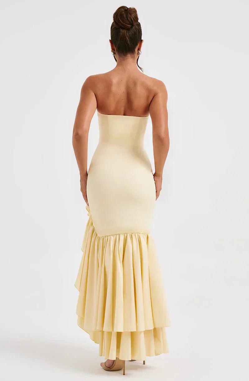 Strapless High-Low Ruffle Maxi Dress for Women - Elegant Evening Wear