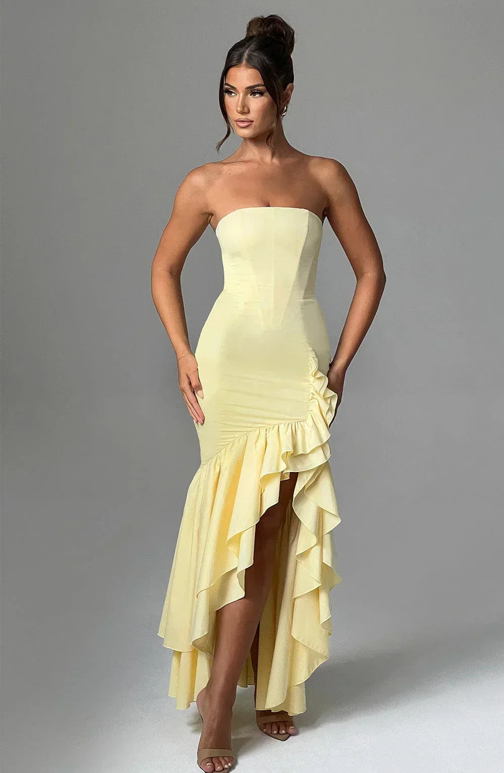 Strapless High-Low Ruffle Maxi Dress for Women - Elegant Evening Wear
