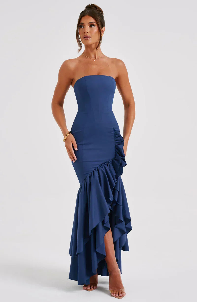 Strapless High-Low Ruffle Maxi Dress for Women - Elegant Evening Wear