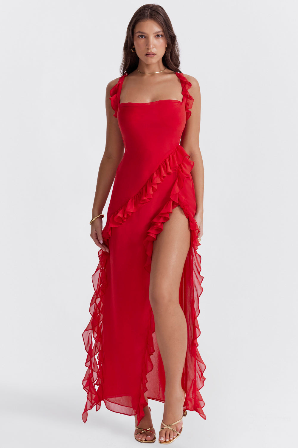 Square Neck Ruffle Side Maxi Dress with Thigh-High Slit for Evening Wear
