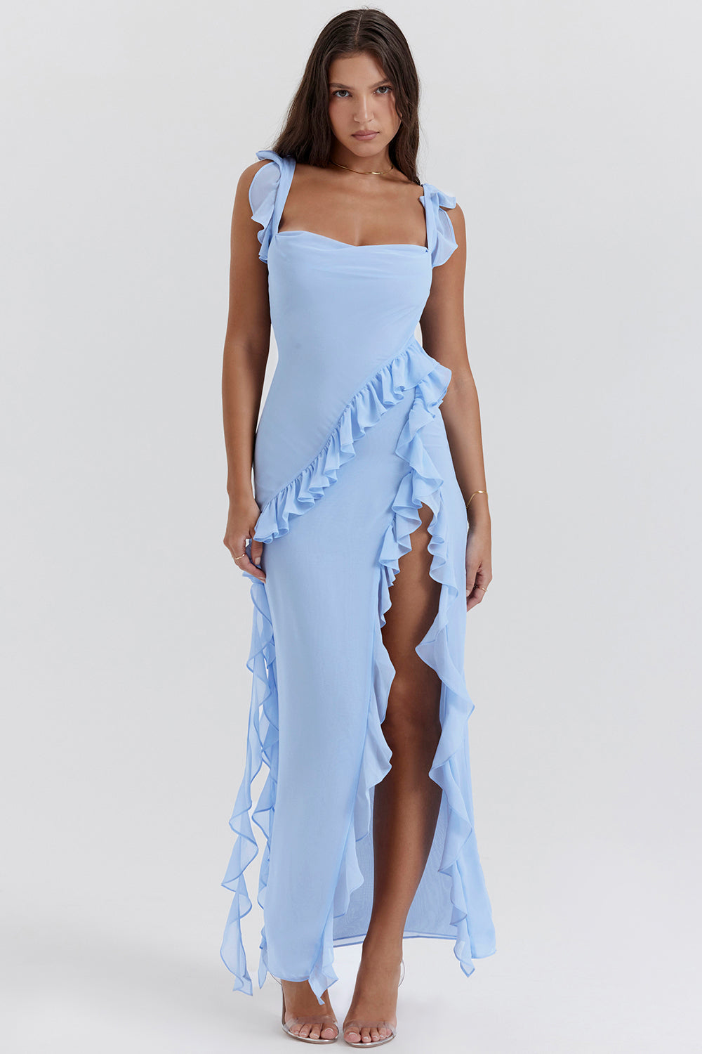 Square Neck Ruffle Side Maxi Dress with Thigh-High Slit for Evening Wear