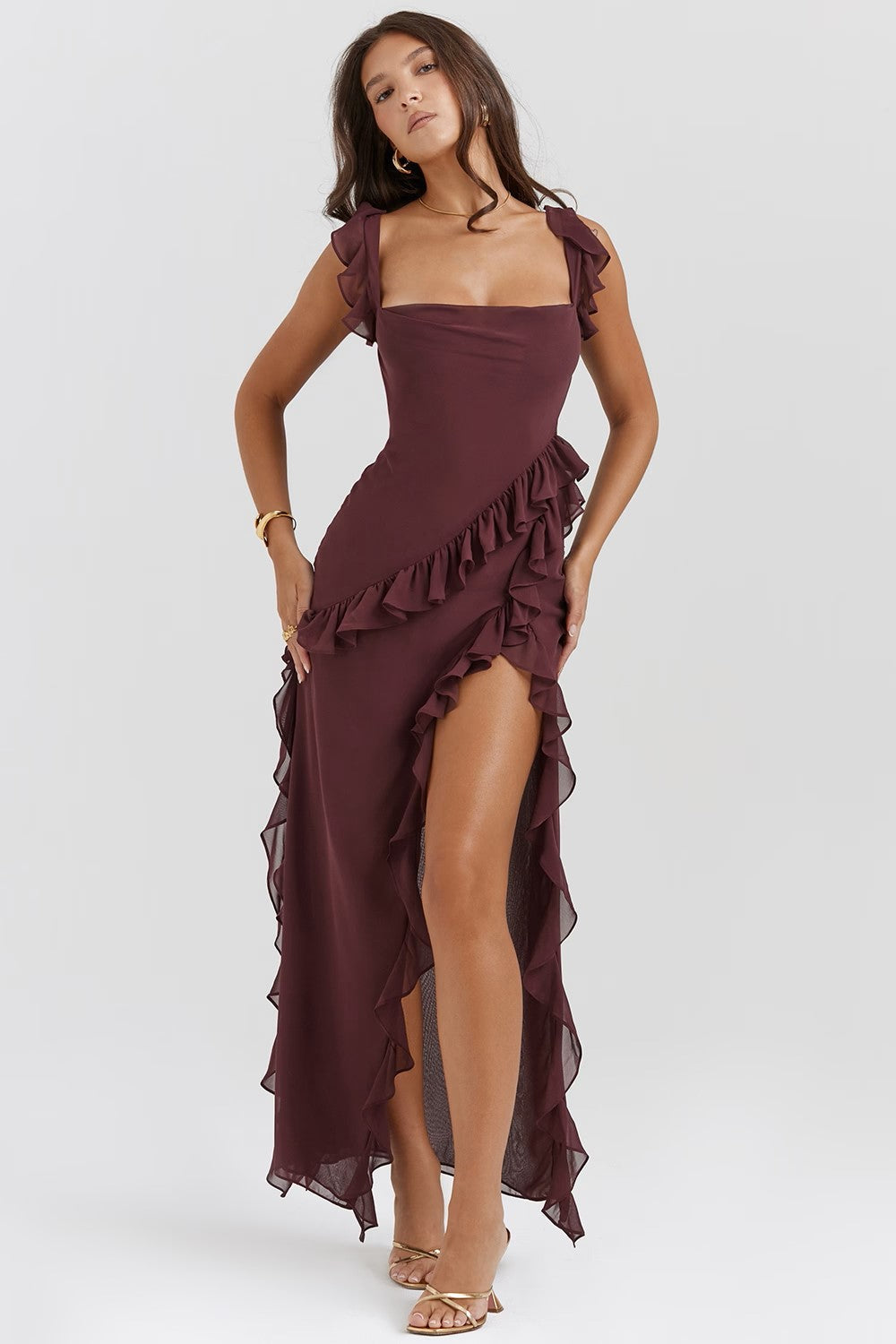 Square Neck Ruffle Side Maxi Dress with Thigh-High Slit for Evening Wear