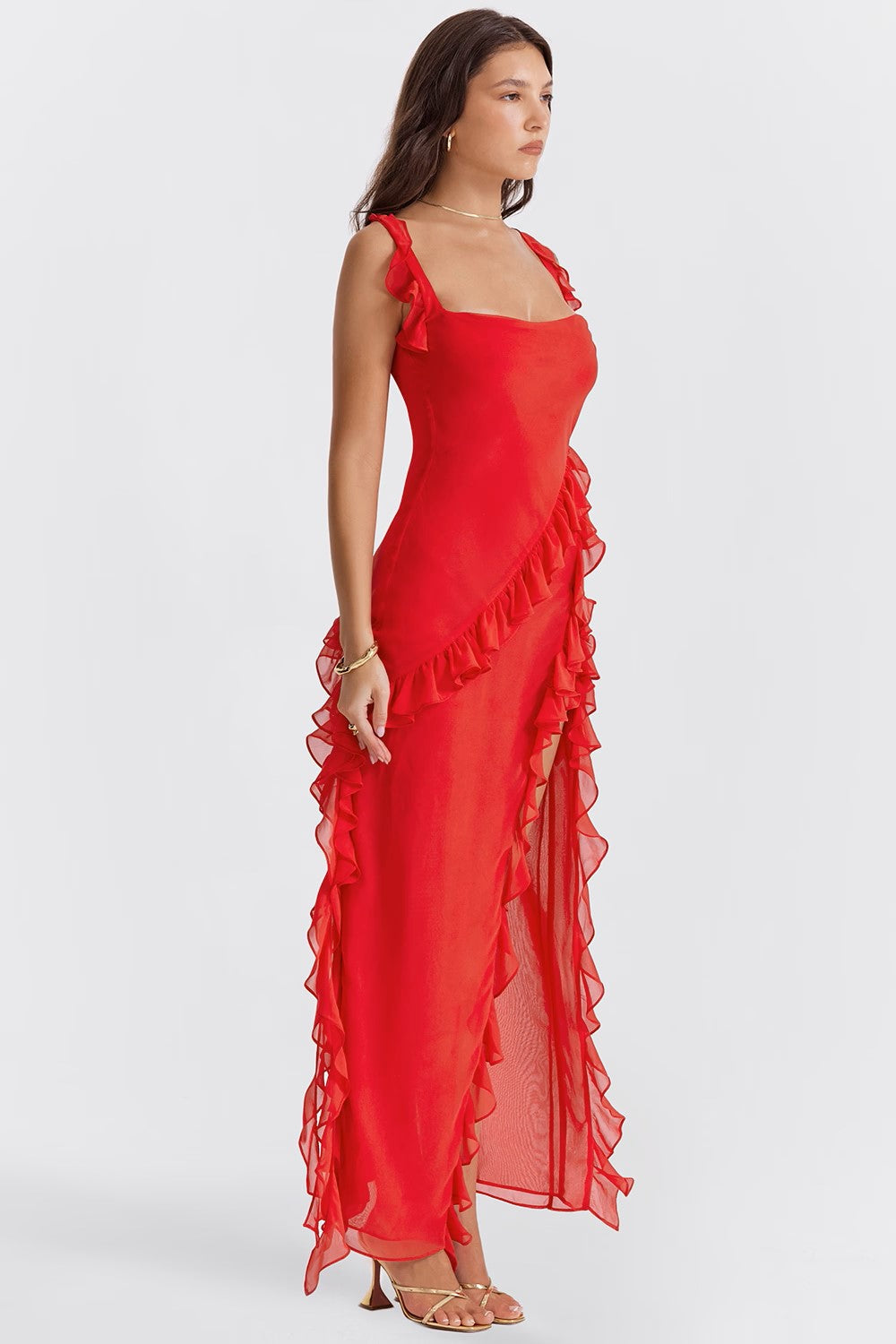 Square Neck Ruffle Side Maxi Dress with Thigh-High Slit for Evening Wear