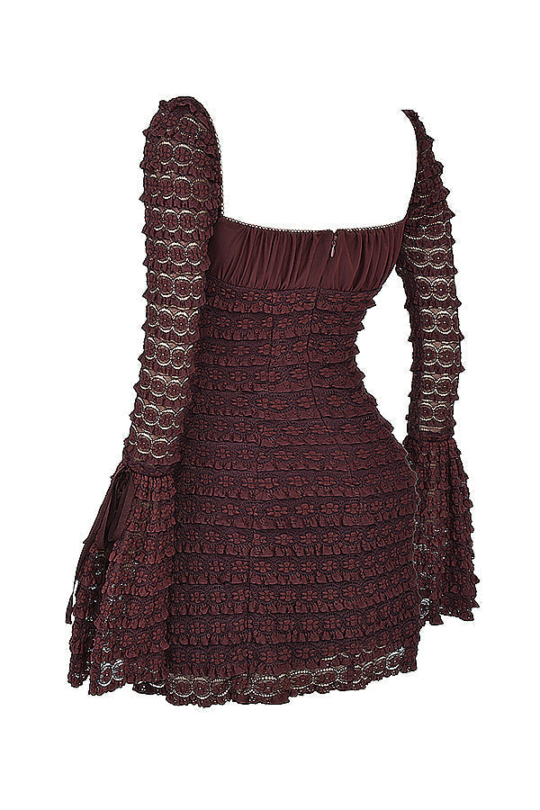 Rich Brown Floral Lace Mini Dress with Drawstring Bust for Casual Wear