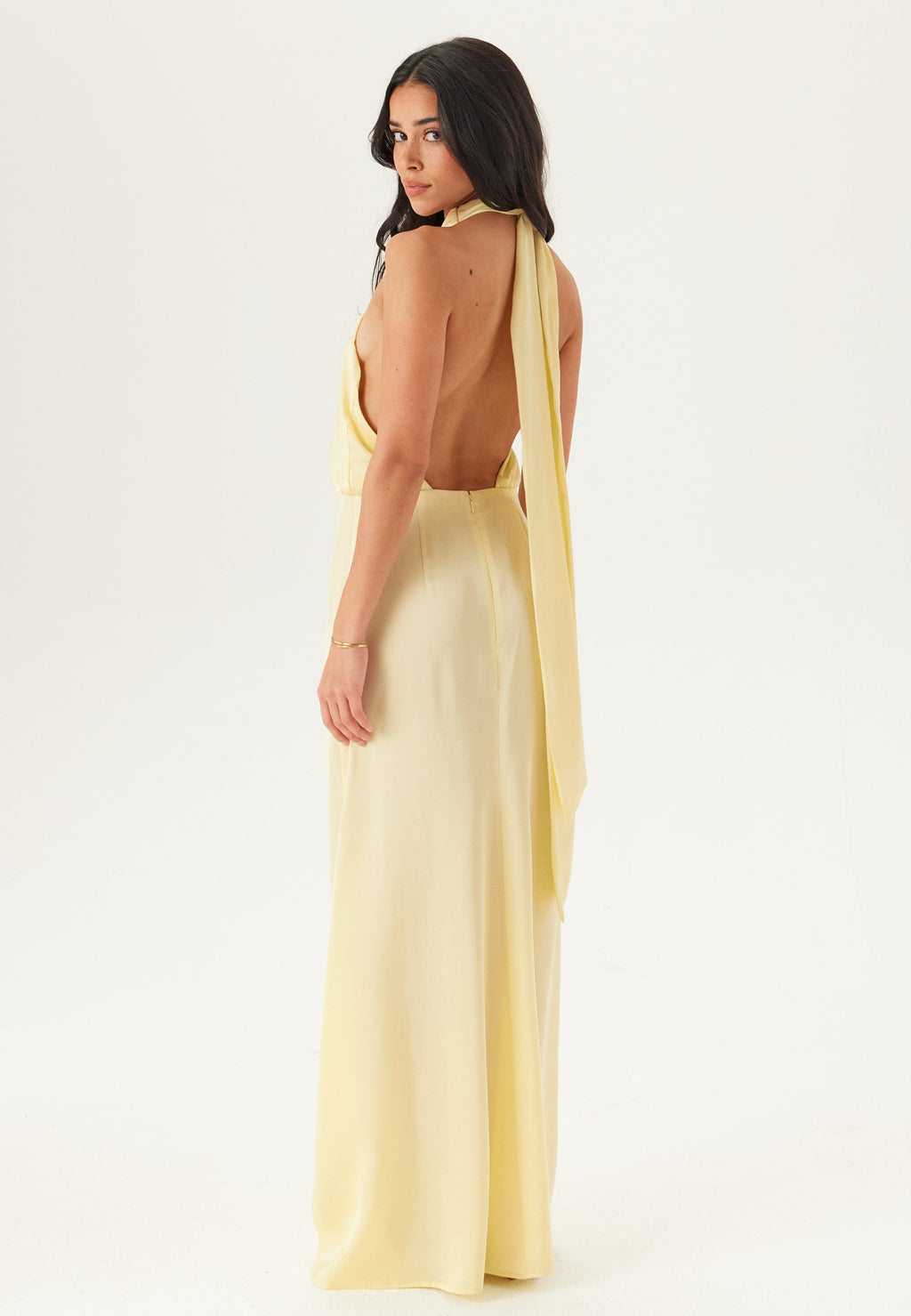 Buttery Yellow Satin Halterneck Maxi Dress for Evening Wear