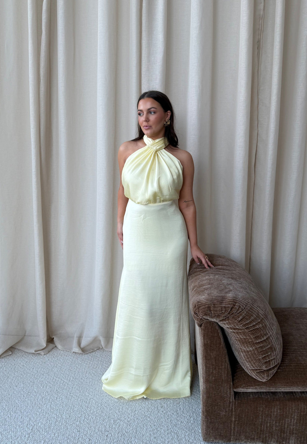 Buttery Yellow Satin Halterneck Maxi Dress for Evening Wear