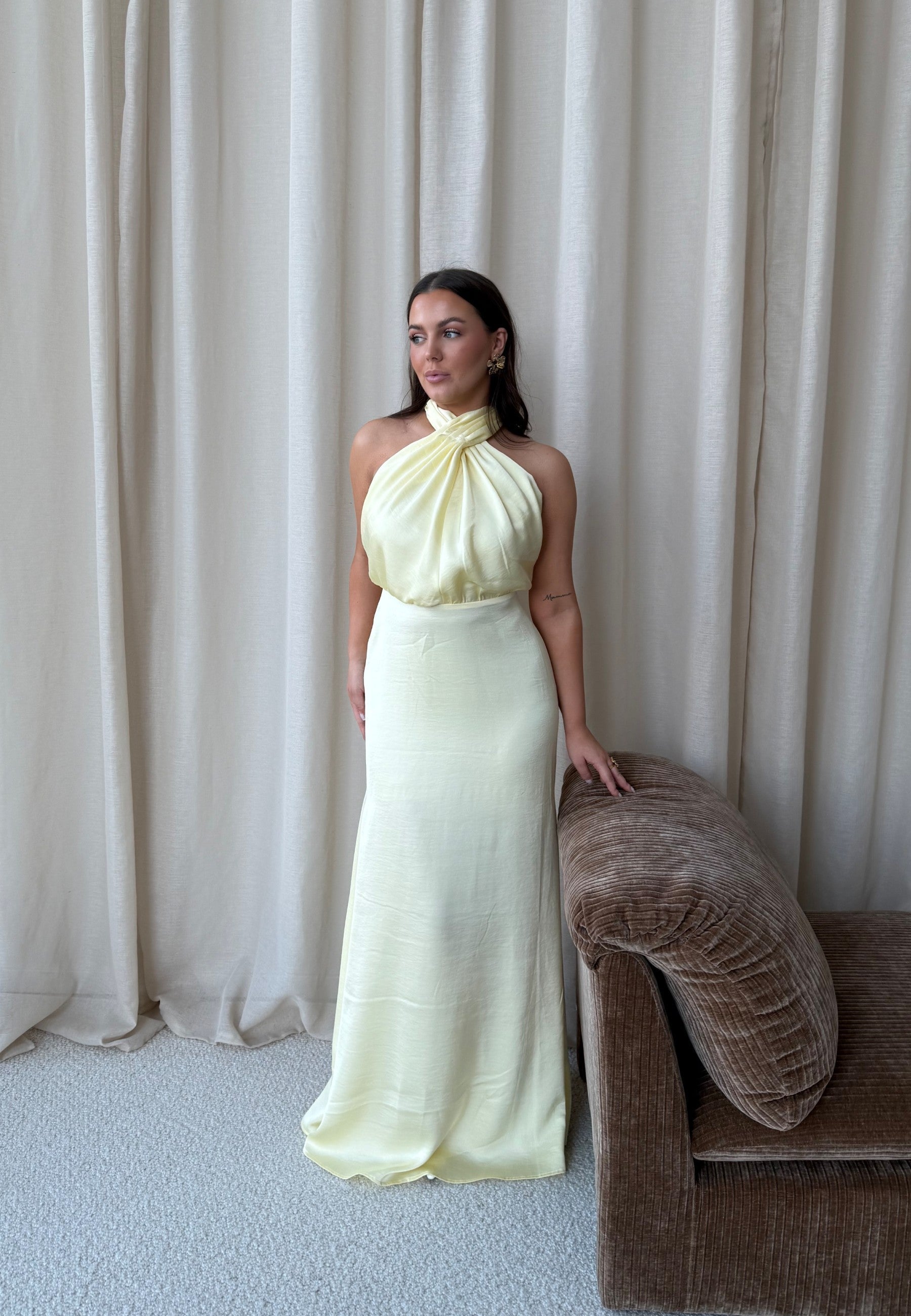 Buttery Yellow Satin Halterneck Maxi Dress for Evening Wear