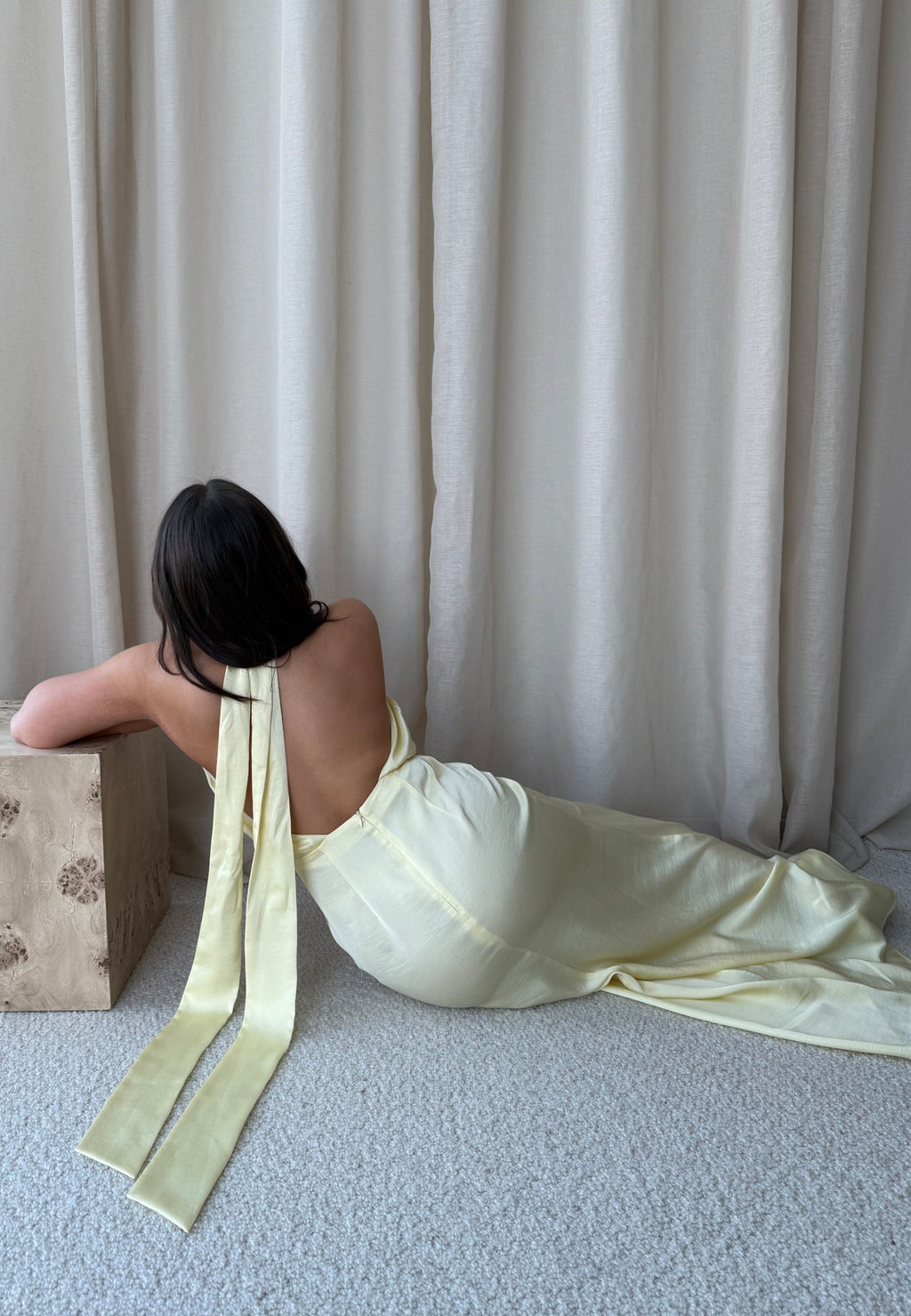 Buttery Yellow Satin Halterneck Maxi Dress for Evening Wear
