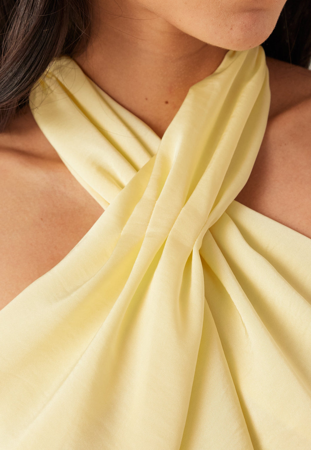 Buttery Yellow Satin Halterneck Maxi Dress for Evening Wear