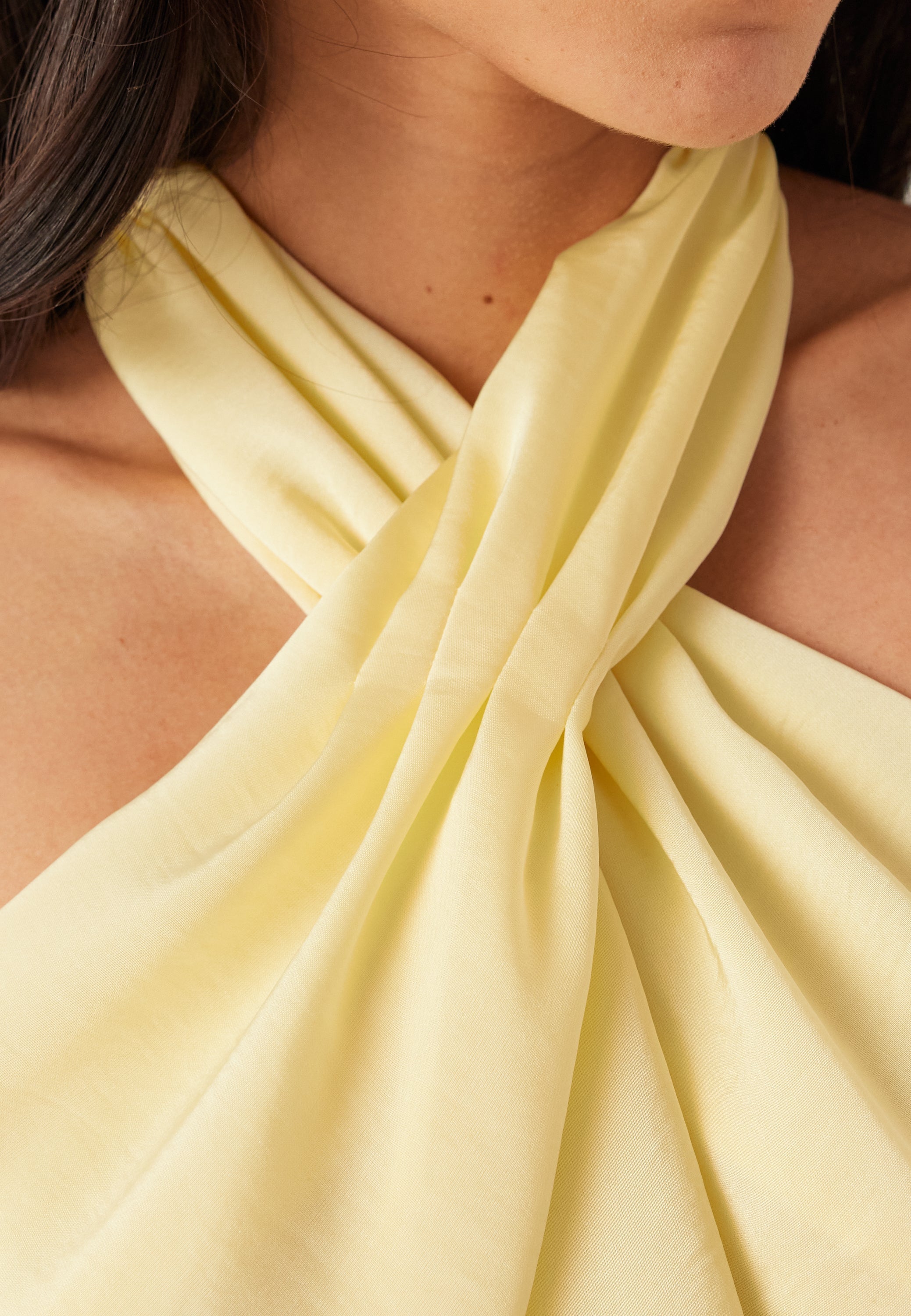 Buttery Yellow Satin Halterneck Maxi Dress for Evening Wear