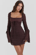 Rich Brown Floral Lace Mini Dress with Drawstring Bust for Casual Wear