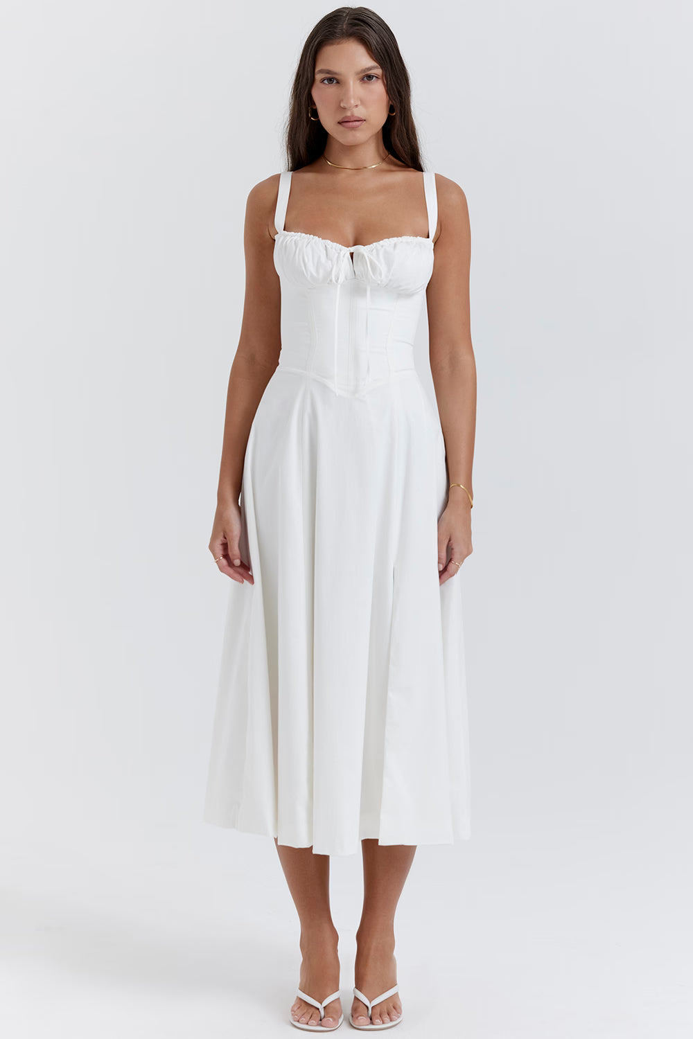 Ruched Bodice High Slit Midi Dress for Evening Events and Special Occasions