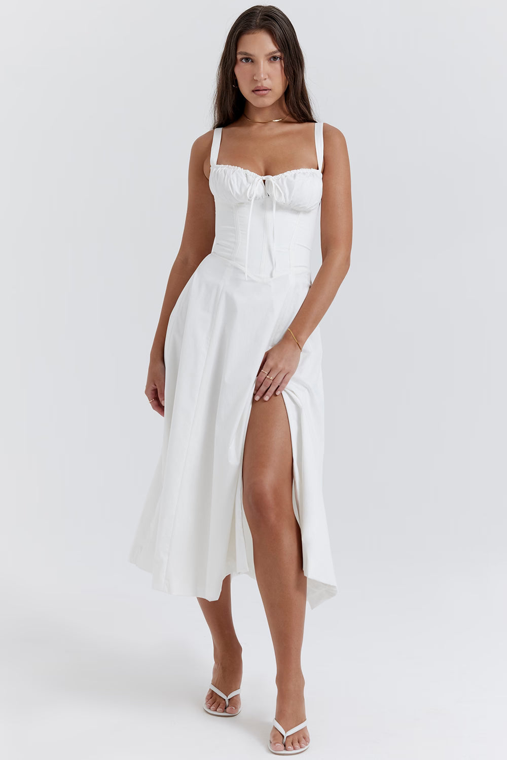 Ruched Bodice High Slit Midi Dress for Evening Events and Special Occasions