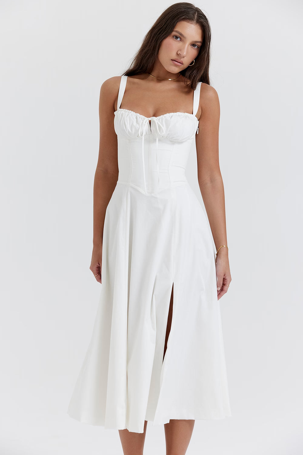Ruched Bodice High Slit Midi Dress for Evening Events and Special Occasions
