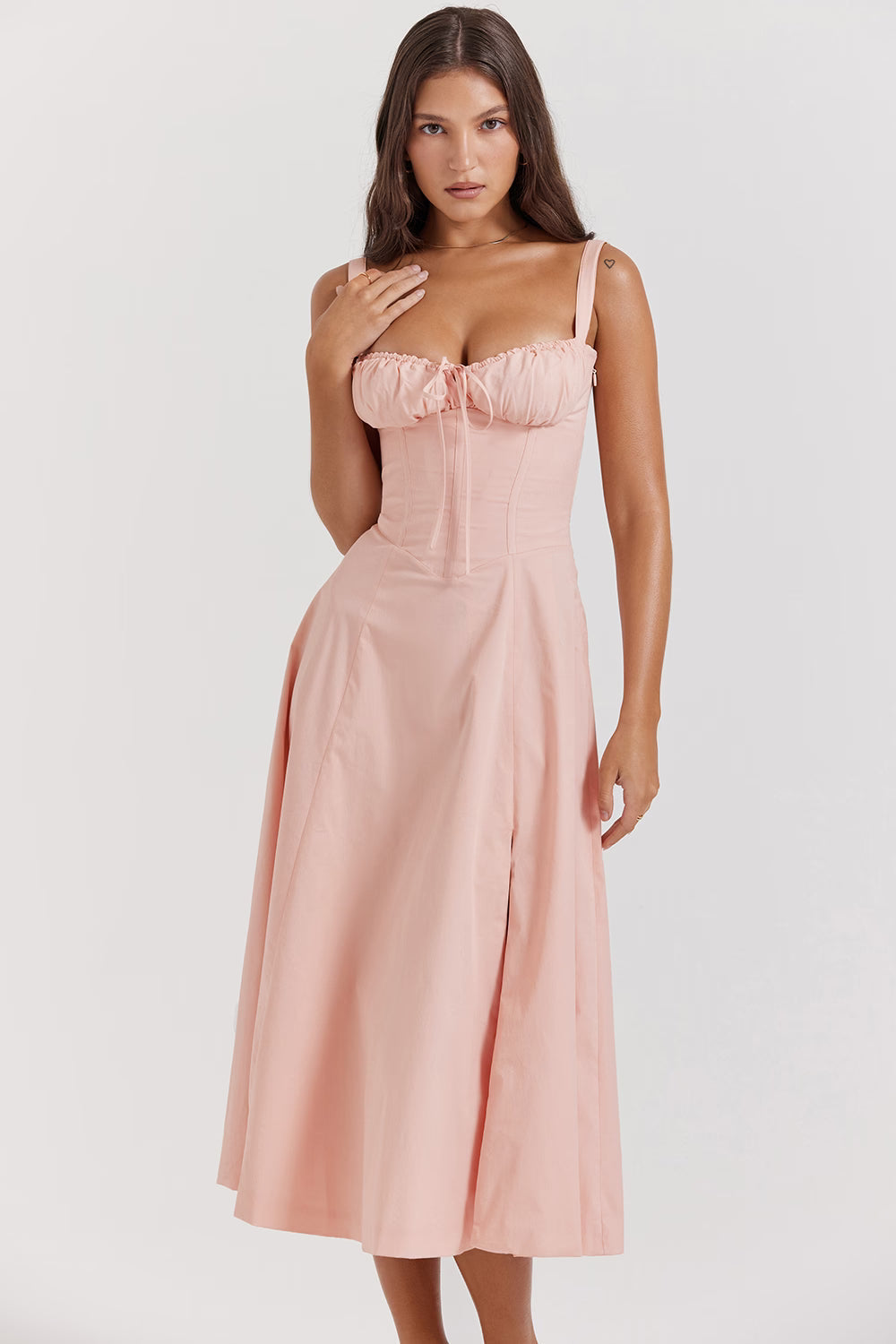 Ruched Bodice High Slit Midi Dress for Evening Events and Special Occasions