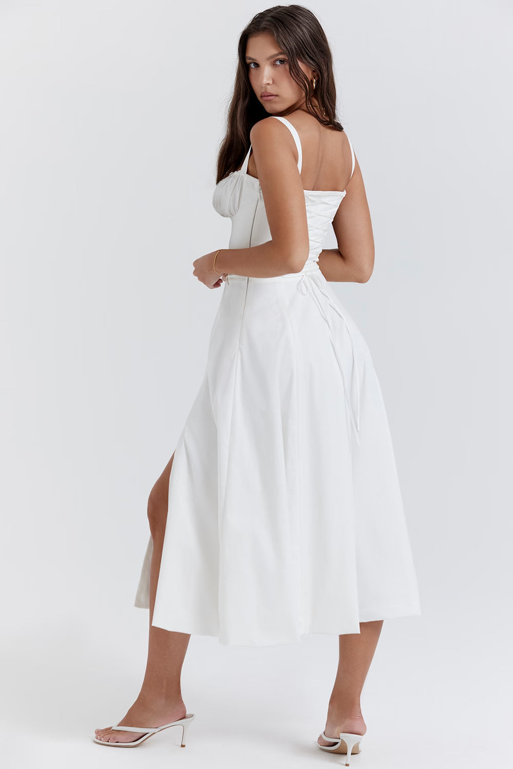 Ruched Bodice High Slit Midi Dress for Evening Events and Special Occasions