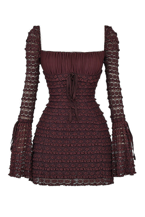 Rich Brown Floral Lace Mini Dress with Drawstring Bust for Casual Wear