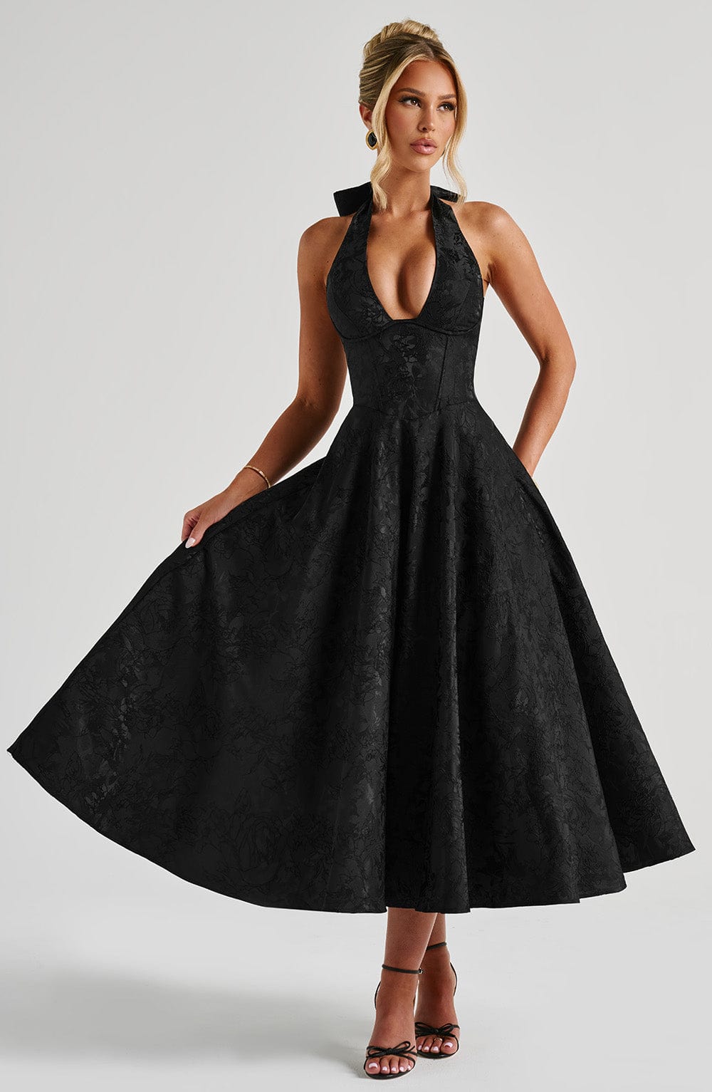 Floral Jacquard Halter Midi Dress for Women - Elegant Summer Outfit