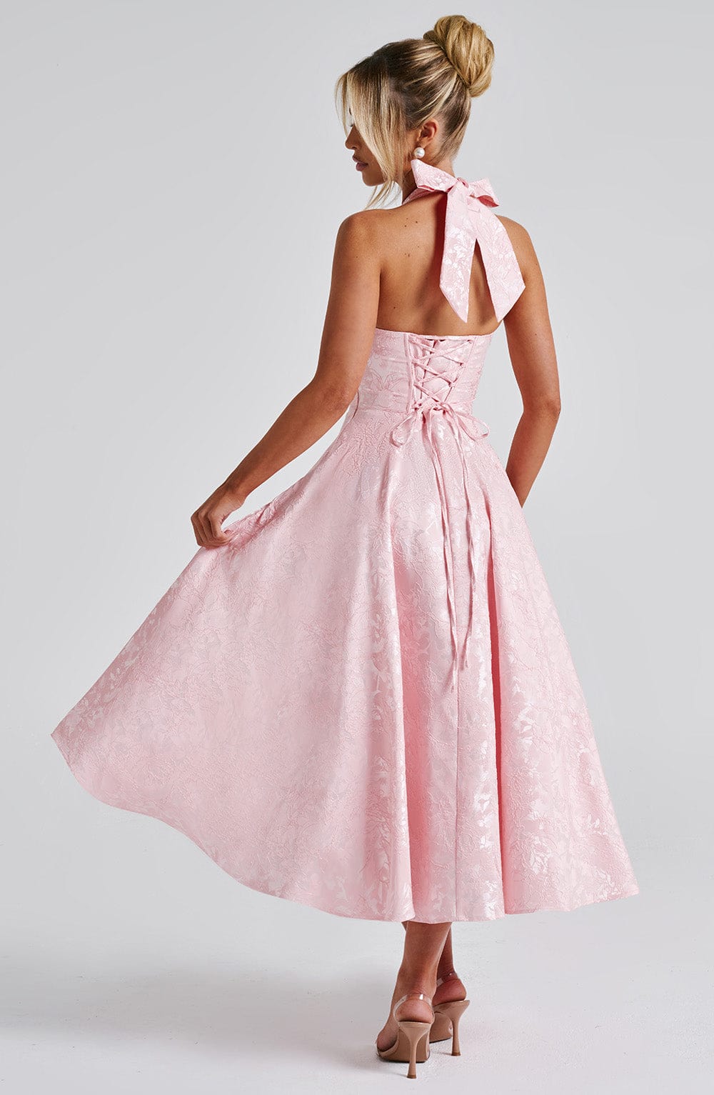 Floral Jacquard Halter Midi Dress for Women - Elegant Summer Outfit