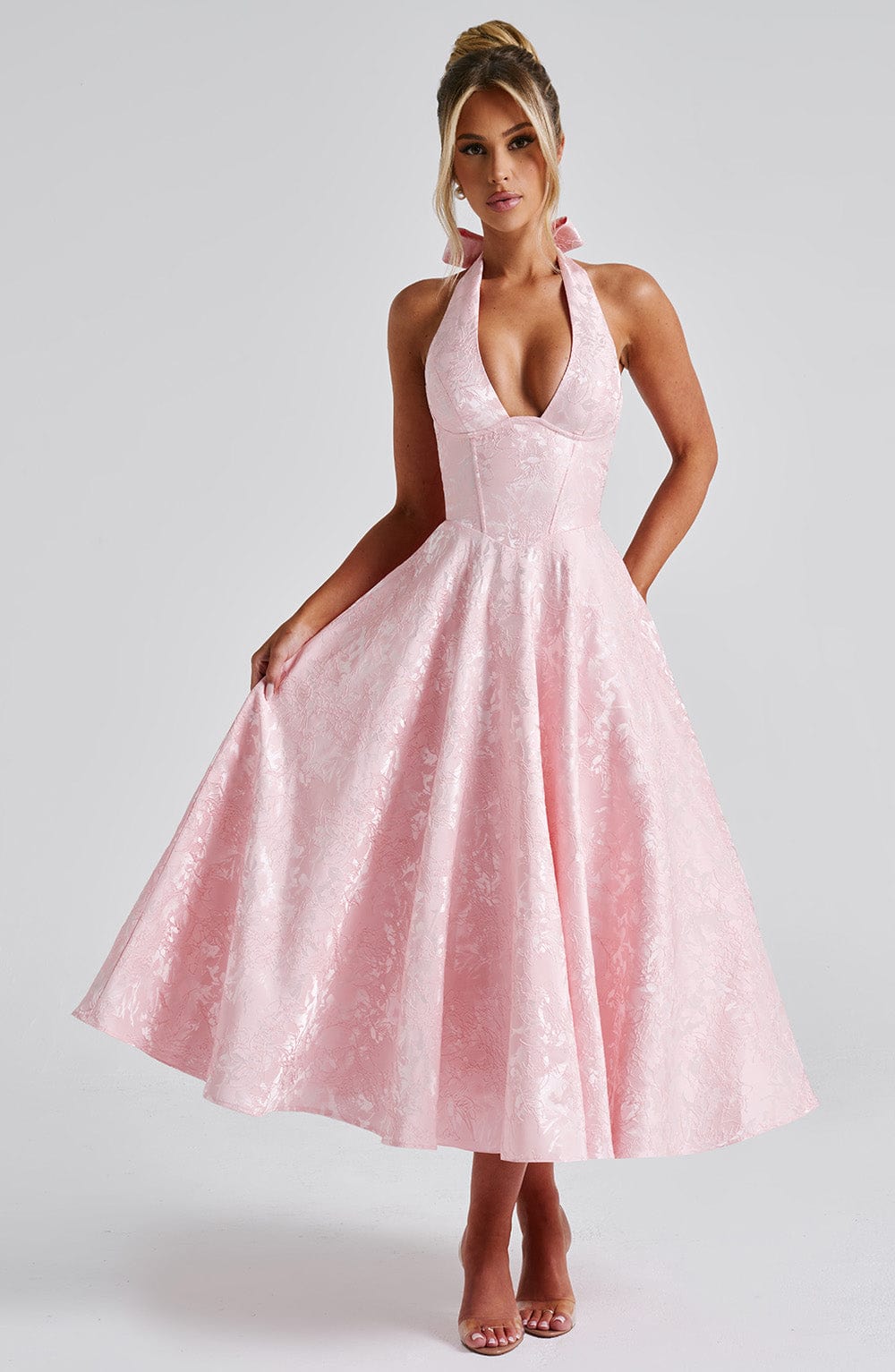 Floral Jacquard Halter Midi Dress for Women - Elegant Summer Outfit